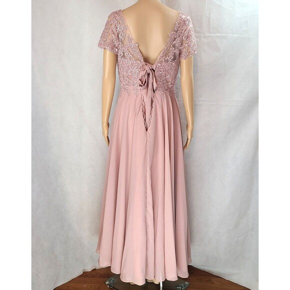 New Mother of the Bride (12) Dusty Rose Illusion Lace & Chiffon Cap Sleeve Dress - Picture 5 of 9
